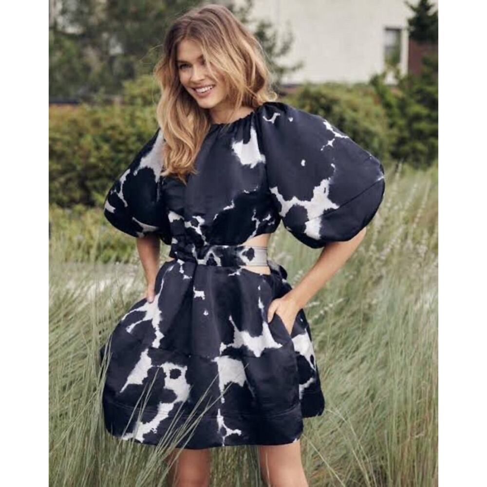 AJE Oxidised Puff-sleeved Cutout Linen-blend Mini Dress navy blue size US 2 AU 6 - Picture 4 of 16